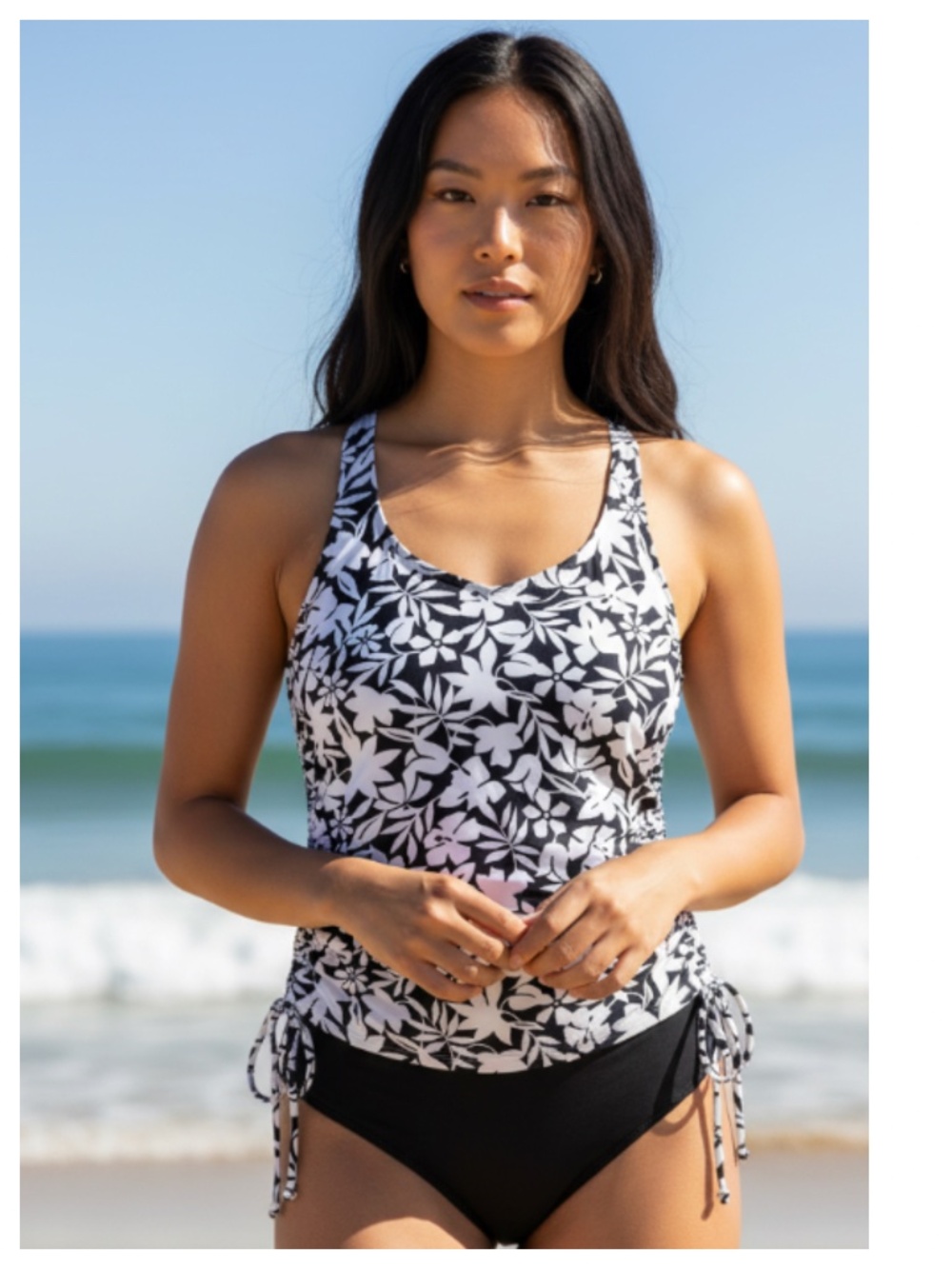 Lands' End Black and White Floral One-Piece Swimwear